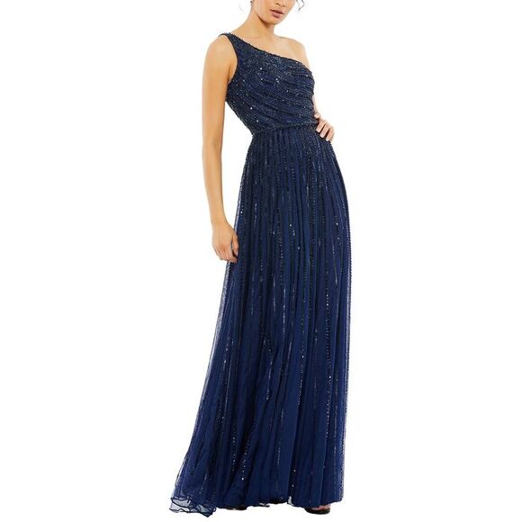 Mac Duggal WomensSequin Beaded Mesh One Shoulder A-Line Gown Blue